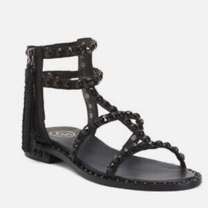 ASH Power Black Leather Gladiator Sandals Flat Tassels Size 36